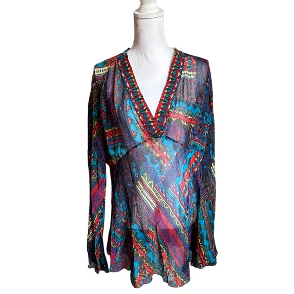 Chico’s Silk Multicolored Long Sleeve V-neck Top Size 3 - Picture 7 of 17
